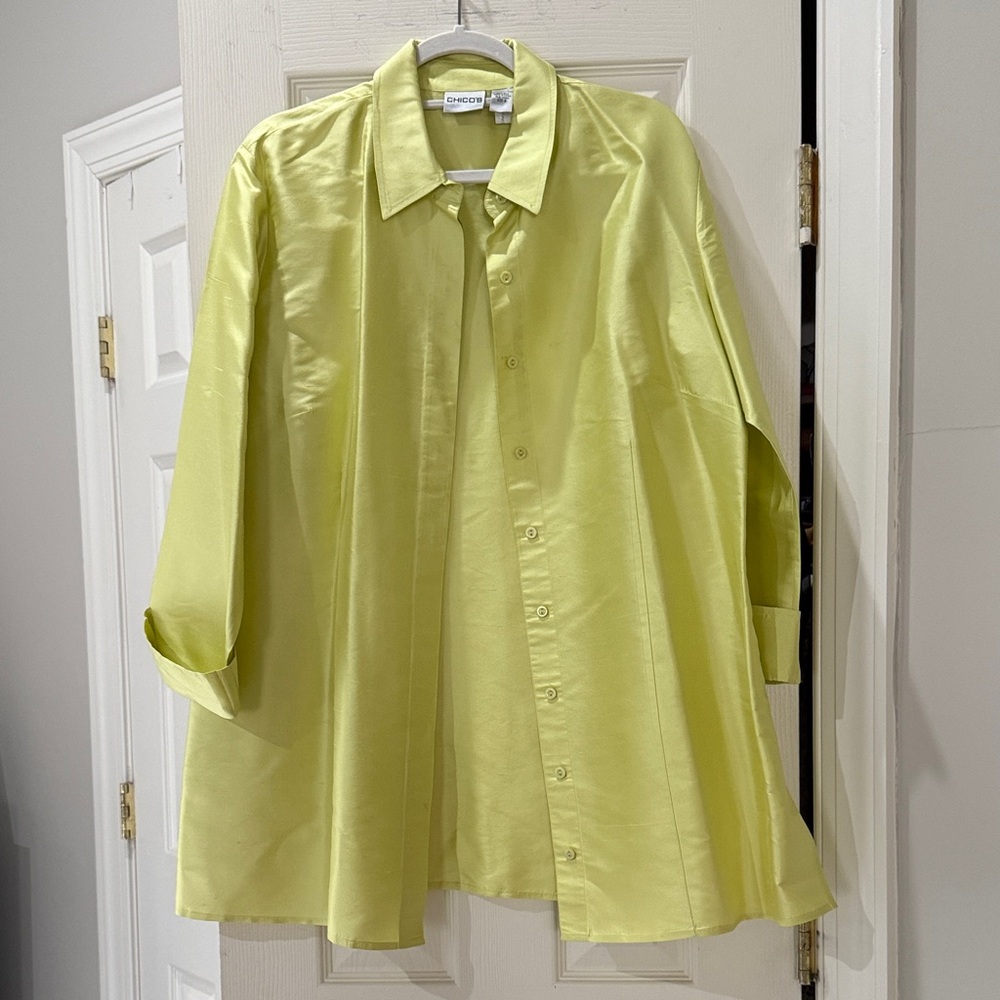 Chico's Lime Green Long Lightweight Silk Button-Front Blouse Jacket